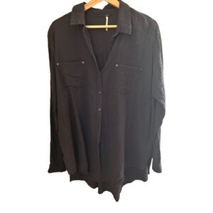 Free People Cotton Gauzy Charcoal Casual Button Shirt V-Neck Oversized Size S